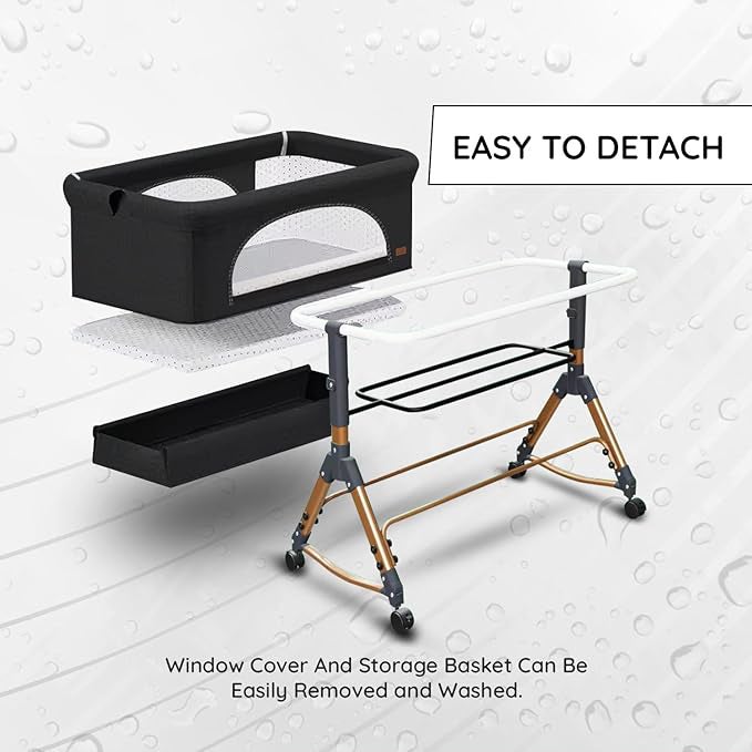 السعادة هوم  4-in-1 Portable Baby Crib, Infant Bed, Bedside Crib, Side Sleeper, Adjustable Rocking Bed with 6 Heights and Wheels, Full Mesh Side Bed for Newborns - 80x50cm - Image 4