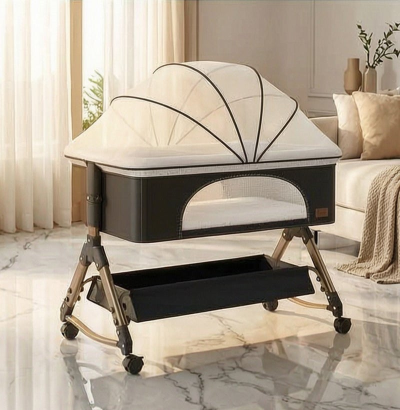 السعادة هوم  4-in-1 Portable Baby Crib, Infant Bed, Bedside Crib, Side Sleeper, Adjustable Rocking Bed with 6 Heights and Wheels, Full Mesh Side Bed for Newborns - 80x50cm - Image 1