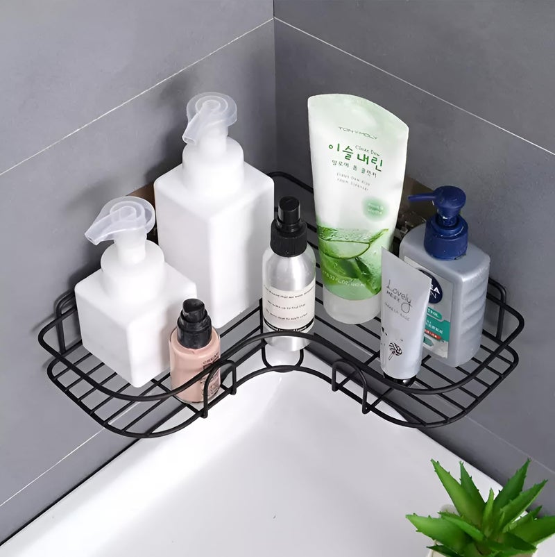 Homeor Multipurpose Self Adhesive Corner Shelf for Bathroom/Kitchen Wall Mounted Rack Shelf Shower Caddy with Magic Sticker Bathroom Organizer Without Drill, Pack of 3, Black Powder Coated - Image 3