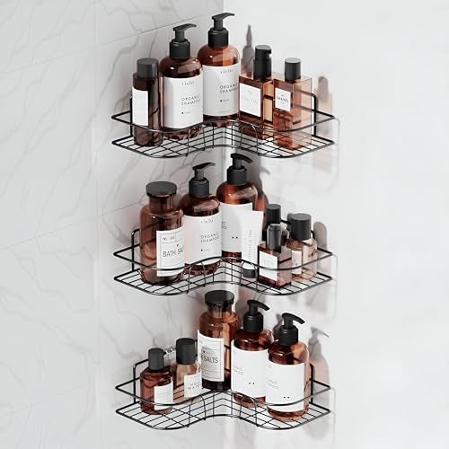 Homeor Multipurpose Self Adhesive Corner Shelf for Bathroom/Kitchen Wall Mounted Rack Shelf Shower Caddy with Magic Sticker Bathroom Organizer Without Drill, Pack of 3, Black Powder Coated - Image 1