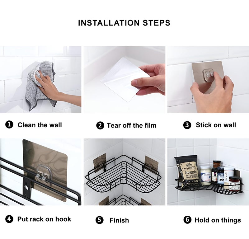 Homeor Multipurpose Self Adhesive Corner Shelf for Bathroom/Kitchen Wall Mounted Rack Shelf Shower Caddy with Magic Sticker Bathroom Organizer Without Drill, Pack of 3, Black Powder Coated - Image 2