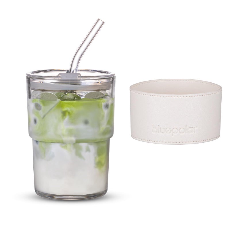 BLUEPOLAR 13 oz Tumbler Water Glass Water Bottle with Straw and Dustproof Lid Coffee Ice Cup Double Wall Insulated Glass Cup White with Protect Sleeve