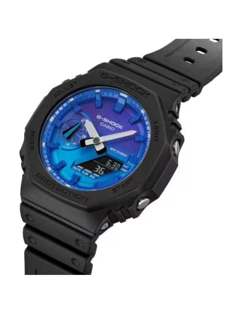 G-SHOCK Casio G‑SHOCK GA‑2100FL‑1ADR Analog‑Digital Watch – Blue Flame Gradient Dial, Black Resin Band, Octagonal Carbon Core Guard Case, 200 m Water‑Resistant - Image 2
