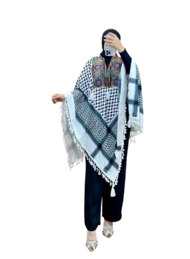 شال فلسطيني نسائي مطرز إيتامين فاخر  خامة كريب سعودي عالية الجودة  تصميم تراثي أنيق بلمسة عصرية باللون الابيض - Image 1