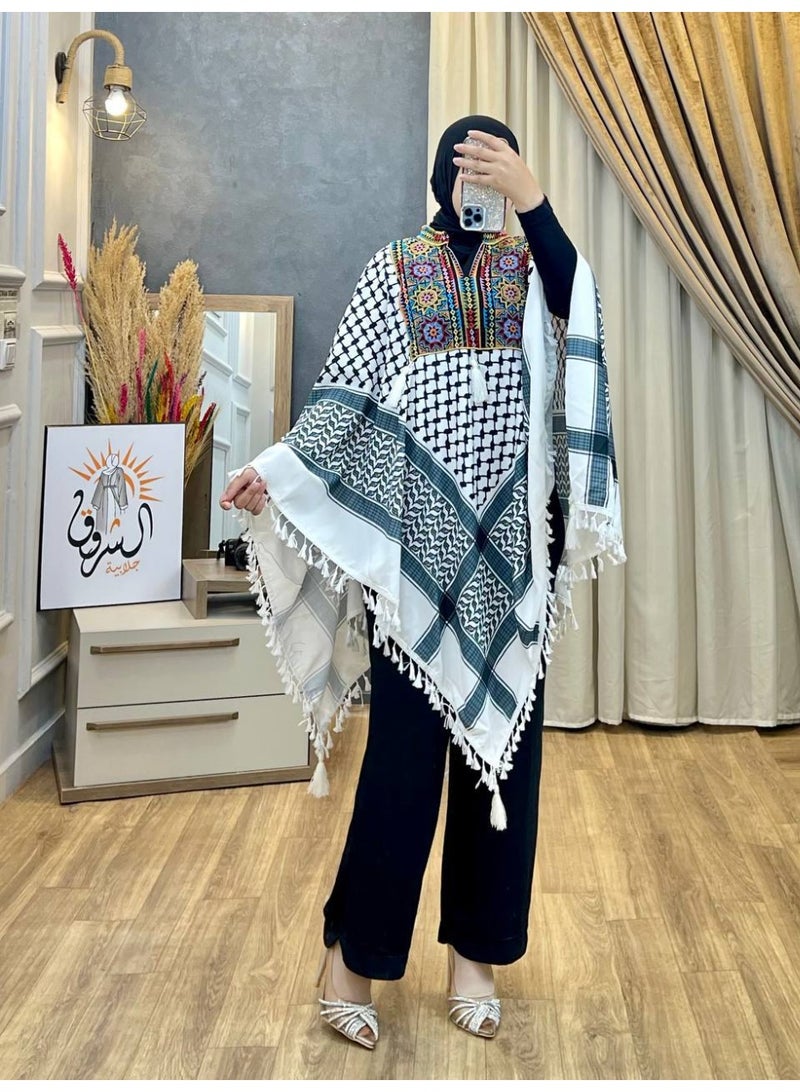 شال فلسطيني نسائي مطرز إيتامين فاخر  خامة كريب سعودي عالية الجودة  تصميم تراثي أنيق بلمسة عصرية باللون الابيض - Image 3