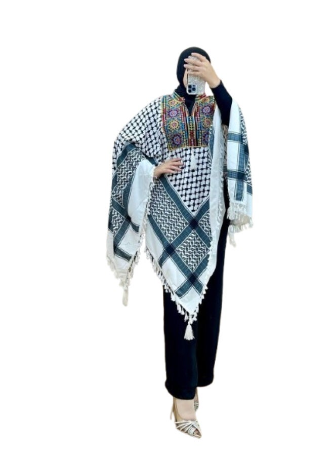 شال فلسطيني نسائي مطرز إيتامين فاخر  خامة كريب سعودي عالية الجودة  تصميم تراثي أنيق بلمسة عصرية باللون الابيض - Image 2