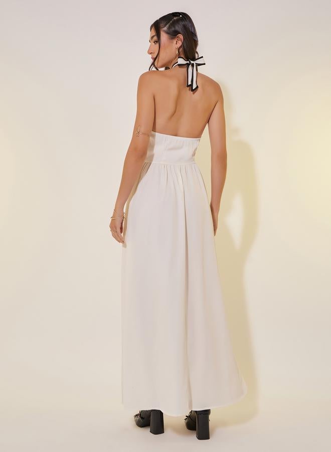 Take Two Solid Contrast Trim Halter Neck A-Line Maxi Dress - Image 5