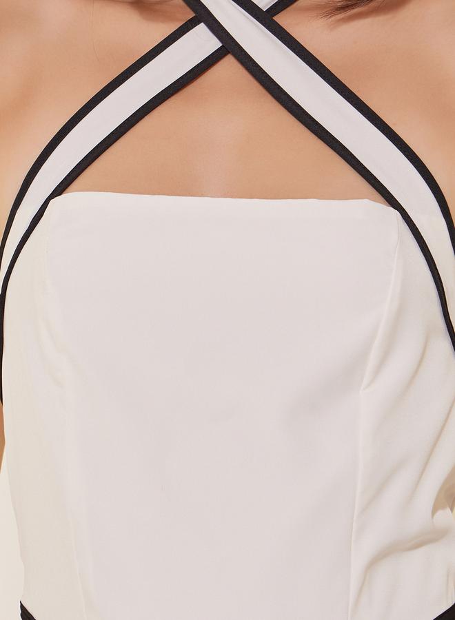 Take Two Solid Contrast Trim Halter Neck A-Line Maxi Dress - Image 4