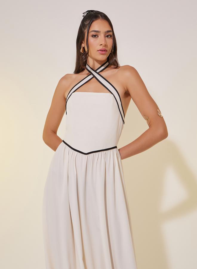 Take Two Solid Contrast Trim Halter Neck A-Line Maxi Dress - Image 3