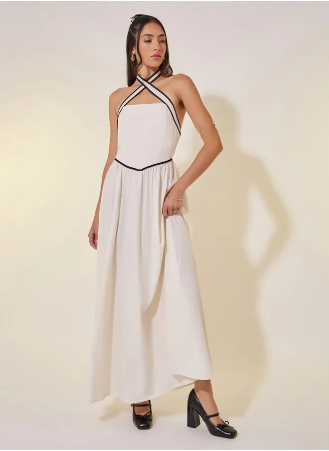 Styli Solid Contrast Trim Halter Neck A-Line Maxi Dress