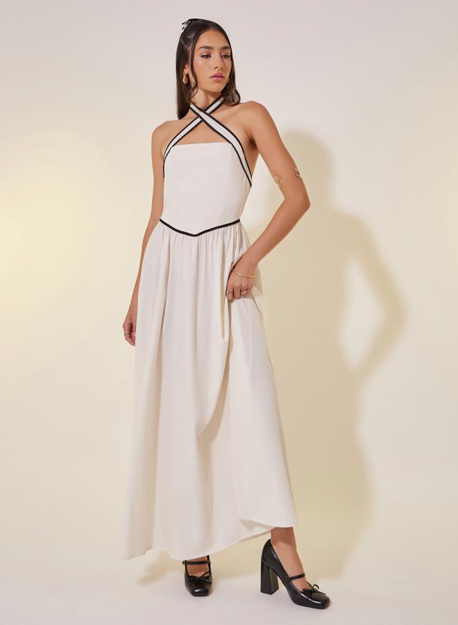 Take Two Solid Contrast Trim Halter Neck A-Line Maxi Dress - Image 2