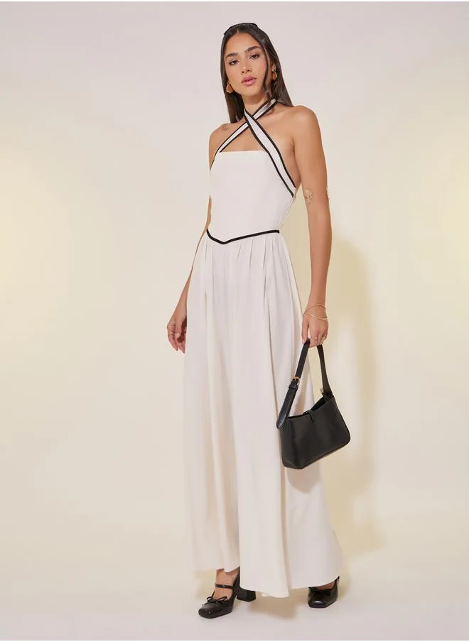 Styli Solid Contrast Trim Halter Neck A-Line Maxi Dress