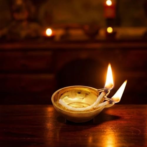 DMI 2-Faced Brass Panati / Panti Diya – Traditional Dasara Oil Lamp – Diameter 5” | 300 ml Oil Capacity - Image 1