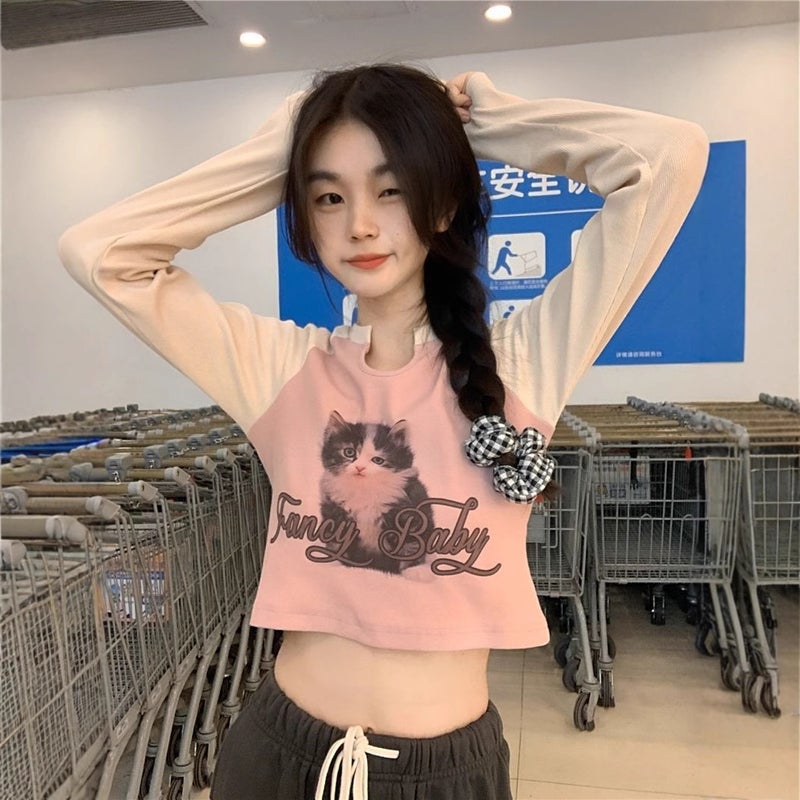 Girl Contrast Color Printed Raslan Long-Sleeved T-Shirt Women'S 2023 Stitching Inner Short Base Shirt Autumn Top - Image 3
