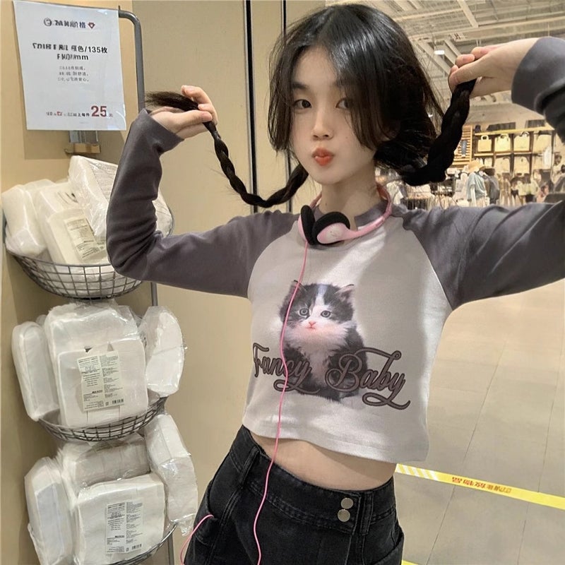 Girl Contrast Color Printed Raslan Long-Sleeved T-Shirt Women'S 2023 Stitching Inner Short Base Shirt Autumn Top - Image 4