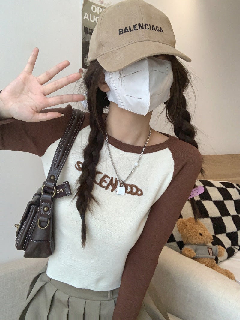 Girl Contrast Color Printed Raslan Long-Sleeved T-Shirt Women'S 2023 Stitching Inner Short Base Shirt Autumn Top - Image 1