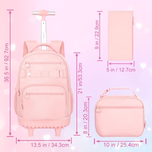 HPJGD 3PCS Girls Rolling Backpack, Womens Pink School Backpacks with Wheels, Water Resistant Roller Kids Wheeled Bookbag Set - Image 4
