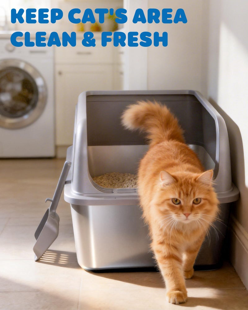 Powools Stainless Steel Cat Litter Box, Metal Litter Box with Scoop, High- Sided, Anti-Leakage Top Entry, Non-Sticky, Easy to Clean, Grey, M (2 Pack) - Image 2