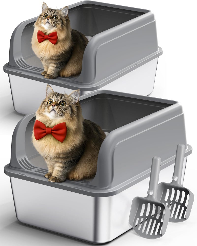 Powools Stainless Steel Cat Litter Box, Metal Litter Box with Scoop, High- Sided, Anti-Leakage Top Entry, Non-Sticky, Easy to Clean, Grey, M (2 Pack) - Image 1