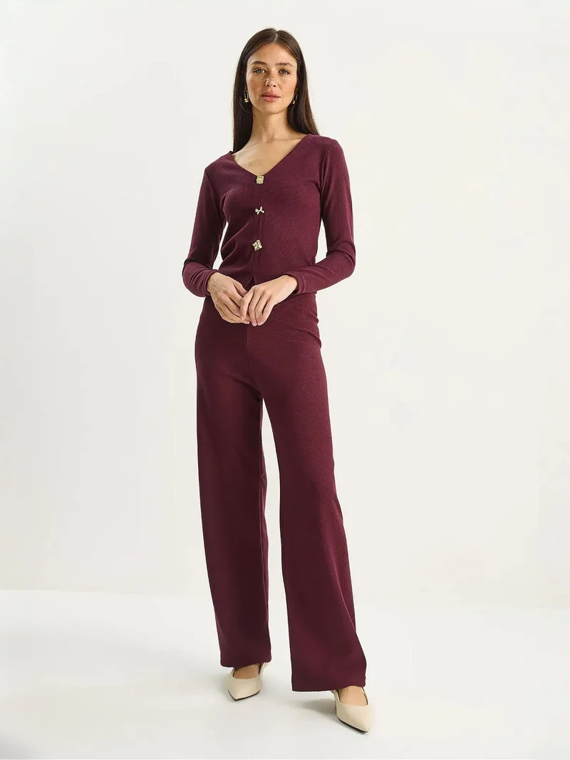 Bianco Lucci Burgundy Red LUCCI V-Neck Knitted Wide Leg Two-Piece Set for Women | Best Price UAE