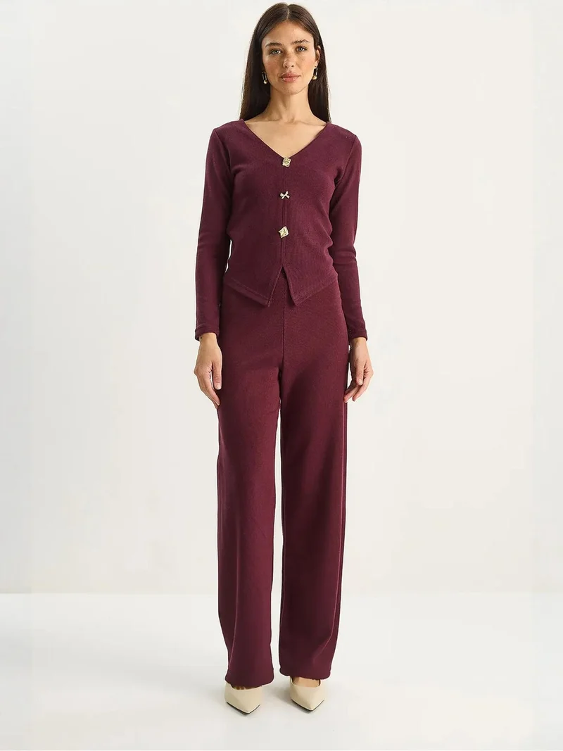 Bianco Lucci LUCCI V-Neck Knitted Wide Leg Two-Piece Set