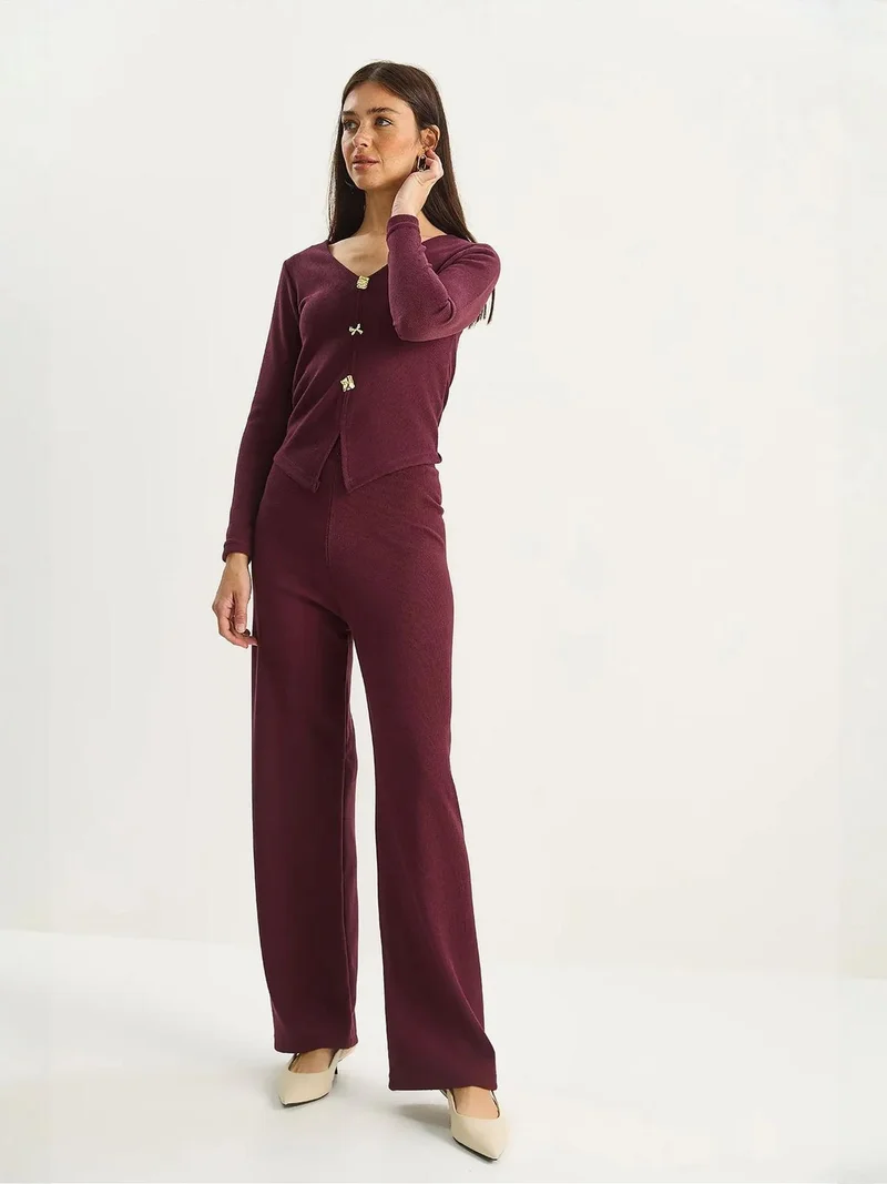 Bianco Lucci Burgundy Red LUCCI V-Neck Knitted Wide Leg Two-Piece Set for Women | Best Price UAE