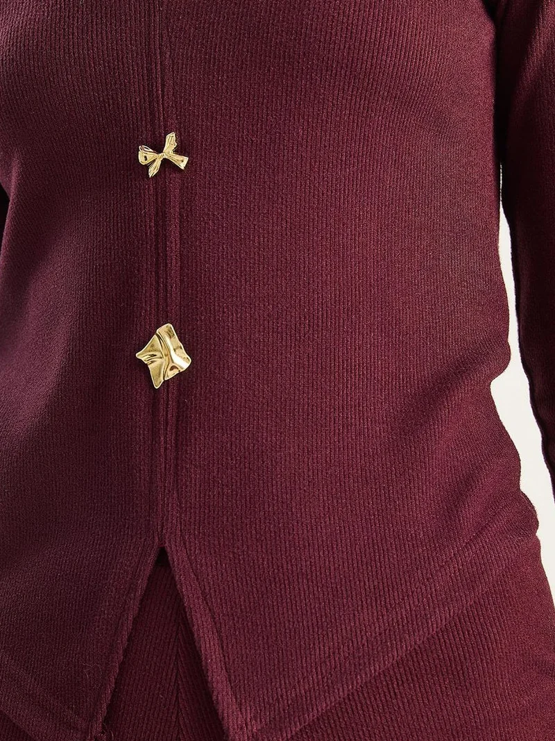 Bianco Lucci Burgundy Red LUCCI V-Neck Knitted Wide Leg Two-Piece Set for Women | Best Price UAE