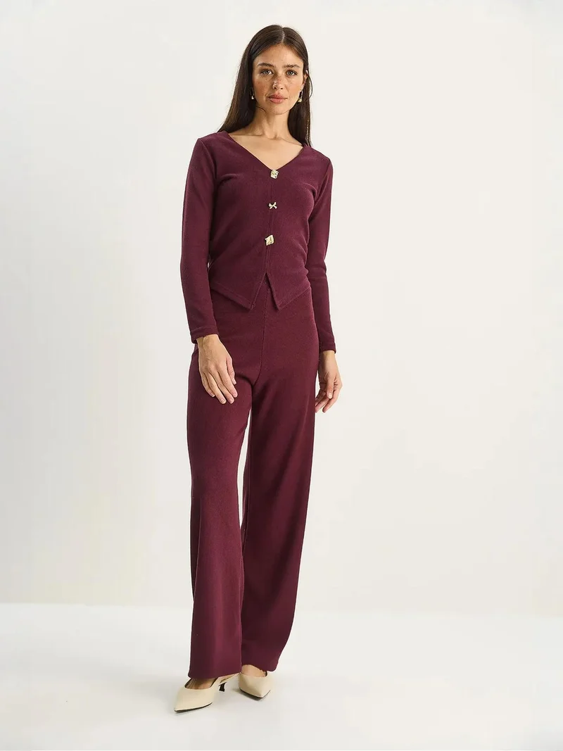Bianco Lucci Burgundy Red LUCCI V-Neck Knitted Wide Leg Two-Piece Set for Women | Best Price UAE