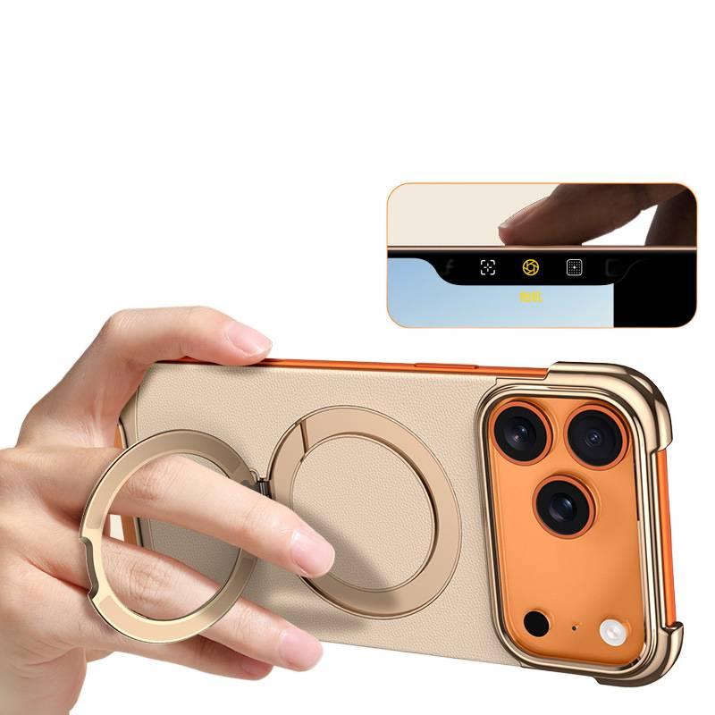 LS PC MagSafe Case for iPhone 14 / 14 Plus / 14 Pro / 14 Pro Max with Kickstand and Strong Magnetic plus Electroplated plus Leather Texture in Black - Image 4