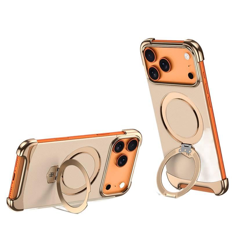 LS PC MagSafe Case for iPhone 14 / 14 Plus / 14 Pro / 14 Pro Max with Kickstand and Strong Magnetic plus Electroplated plus Leather Texture in Black - Image 2