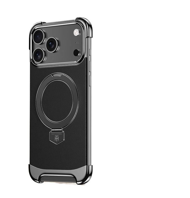 LS PC MagSafe Case for iPhone 14 / 14 Plus / 14 Pro / 14 Pro Max with Kickstand and Strong Magnetic plus Electroplated plus Leather Texture in Black - Image 1