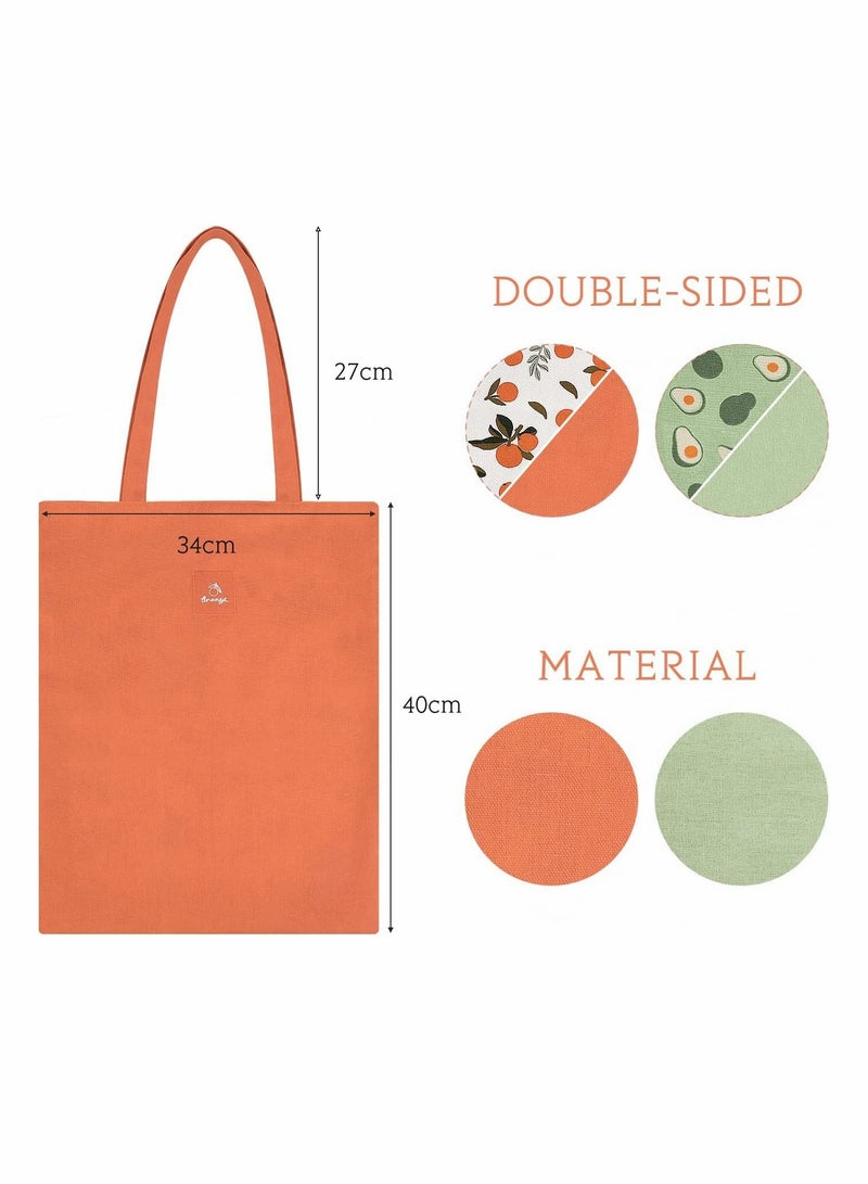 Canvas Tote Bag, 2 Pcs Double-Sided Reusable Cloth Bags with Fruit Print, Small Tote Grocery Bags, Shopping Bag, Makeup Bags for Women, Girls, Kids (Orange and Green) - Image 5