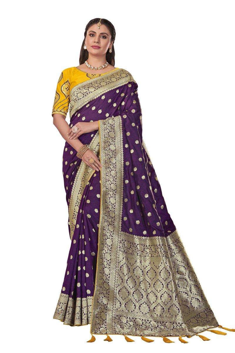 MANOHARI Heavy Banarasi Saree For Women With Unstitch Heavy Blouse Piece-1899-1 - Silk, Purple - Image 1