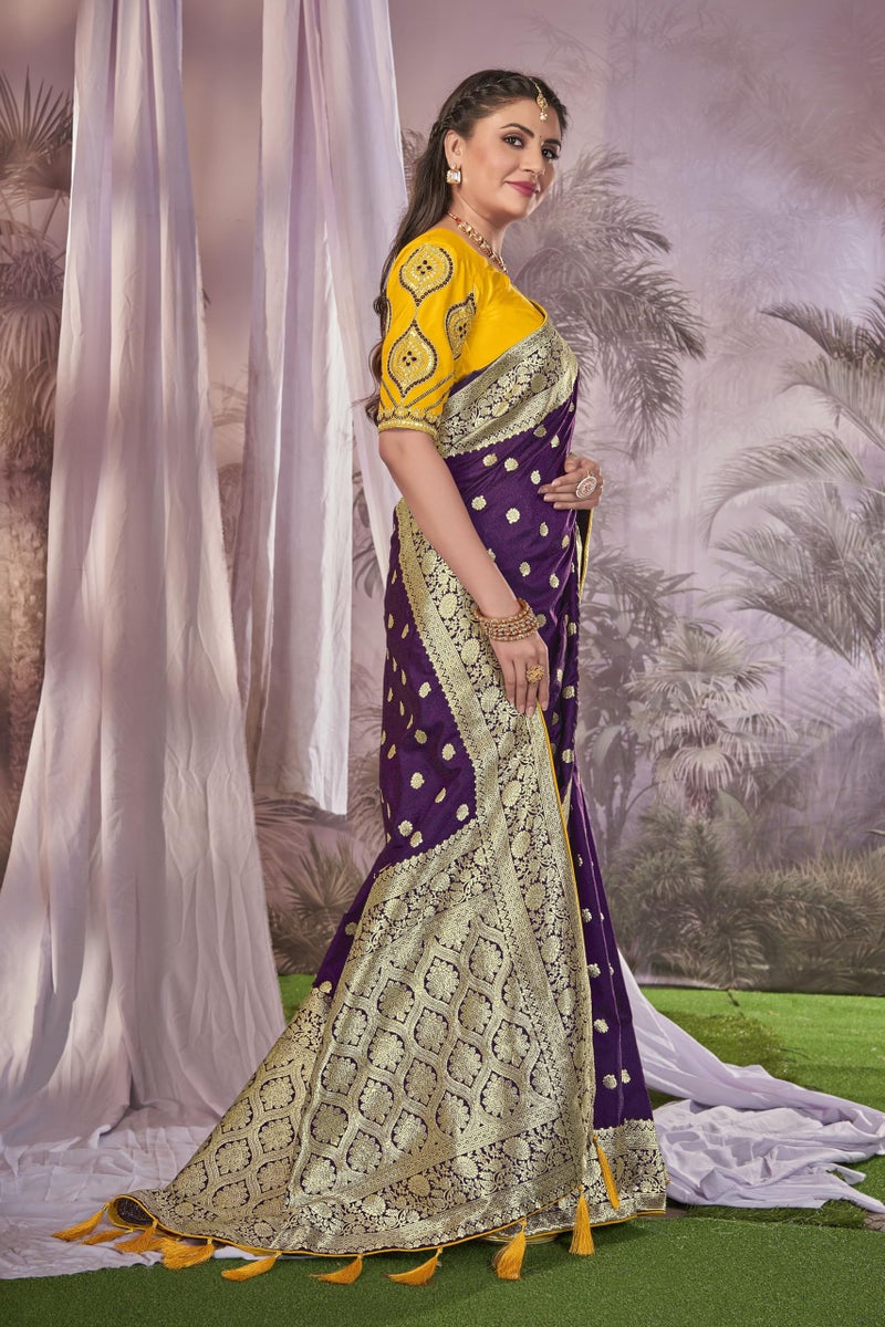 MANOHARI Heavy Banarasi Saree For Women With Unstitch Heavy Blouse Piece-1899-1 - Silk, Purple - Image 4