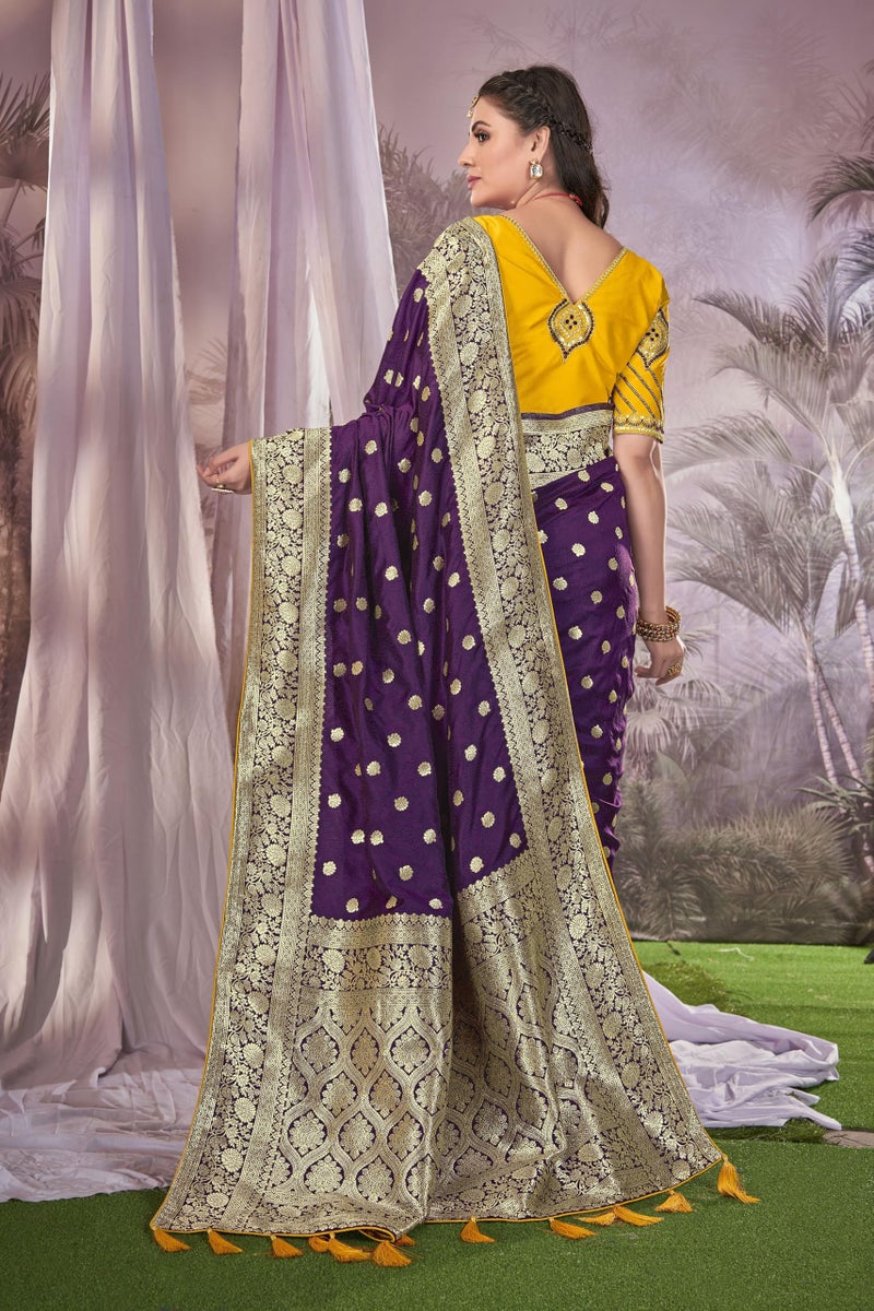 MANOHARI Heavy Banarasi Saree For Women With Unstitch Heavy Blouse Piece-1899-1 - Silk, Purple - Image 3