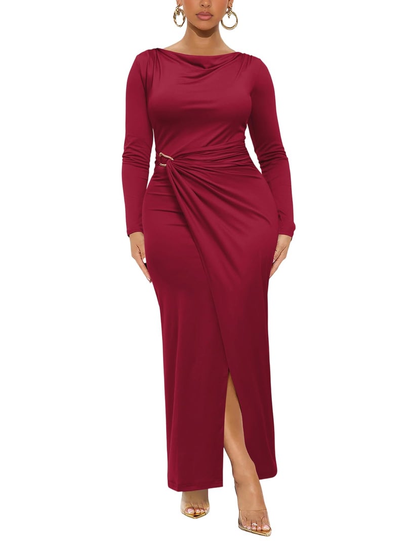 Ekaliy Women Long Sleeve Maxi Formal Dress Side Slit Ruched Wrap Dresses Wedding Guest Dress Wine Red XL - Image 1