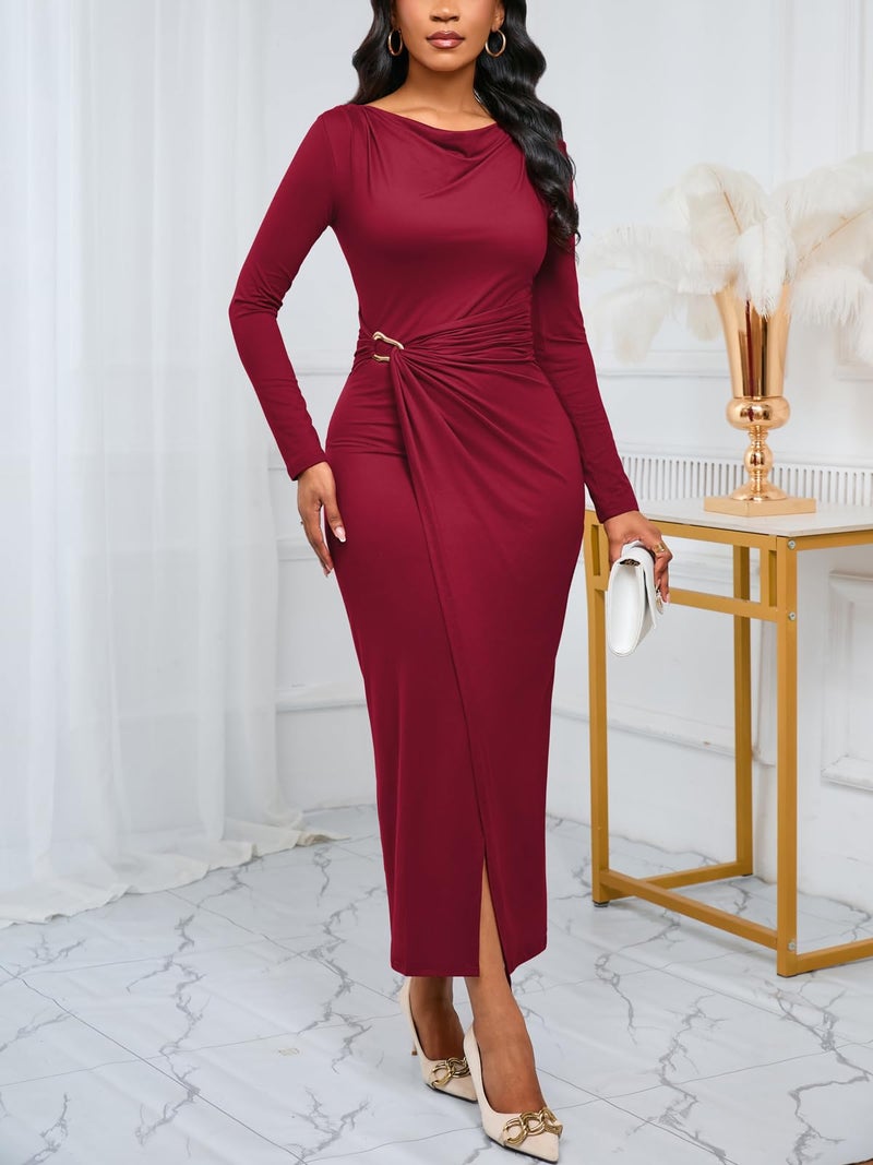 Ekaliy Women Long Sleeve Maxi Formal Dress Side Slit Ruched Wrap Dresses Wedding Guest Dress Wine Red XL - Image 2
