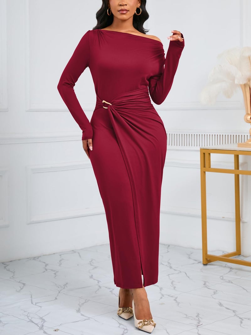 Ekaliy Women Long Sleeve Maxi Formal Dress Side Slit Ruched Wrap Dresses Wedding Guest Dress Wine Red XL - Image 3
