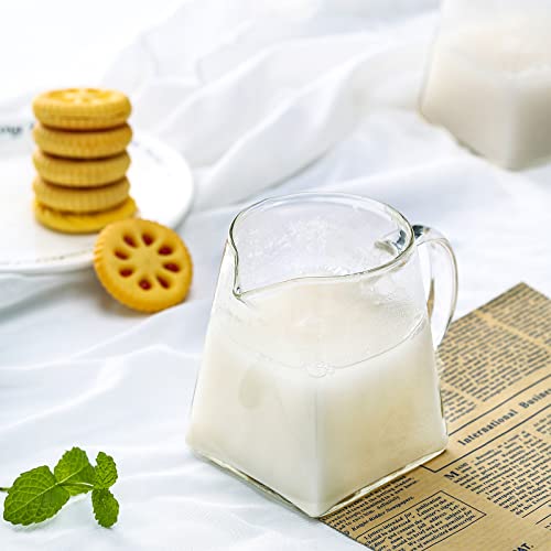Leinuosen 2 Pcs Small Glass Creamer Pitcher with Spout Milk Frothing Pitcher Elegant Shaped Glass Coffee Tea Milk Creamer Jug Creative Milk Frother Cup(square Style,350 Ml) - Image 5