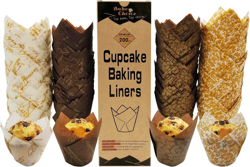 Bake Choice Nordic Paper 200pcs Tulip Cupcake Liners for baking cups with four fancy designs EU Parchment paper Standard Size Tulip Muffin liners, Cupcake Wrappers for Party, Wedding, Birthday - Image 1