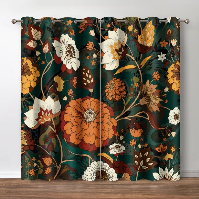 Jekeno Boho Floral Blackout Curtains Mid Century Morden Abstract Bohemian Flowers Print Drapes Decor Home Apartment Bedroom Living Room Darkening Grommet Window Treatments 2 Panels Set 52x84 Inch - Image 1