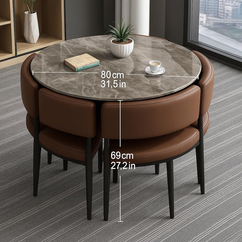 Harmony Home 5-Piece Round Dining Table Set – Brown Ceramic Marble Top with Metal Legs & 4 PU Leather Cushioned Chairs – Modern Dining Furniture for Kitchen & Small Spaces - Image 5