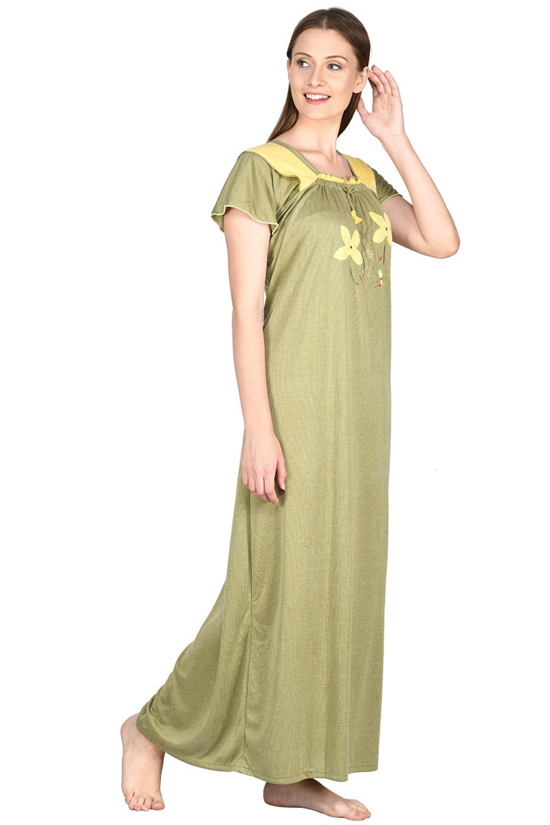Noty Store Noty- Women's Hosiery Cotton Blend Nighty | Soft Fabric | Short Sleeves Nighty (Olive and Yellow, Free Size) - Image 2