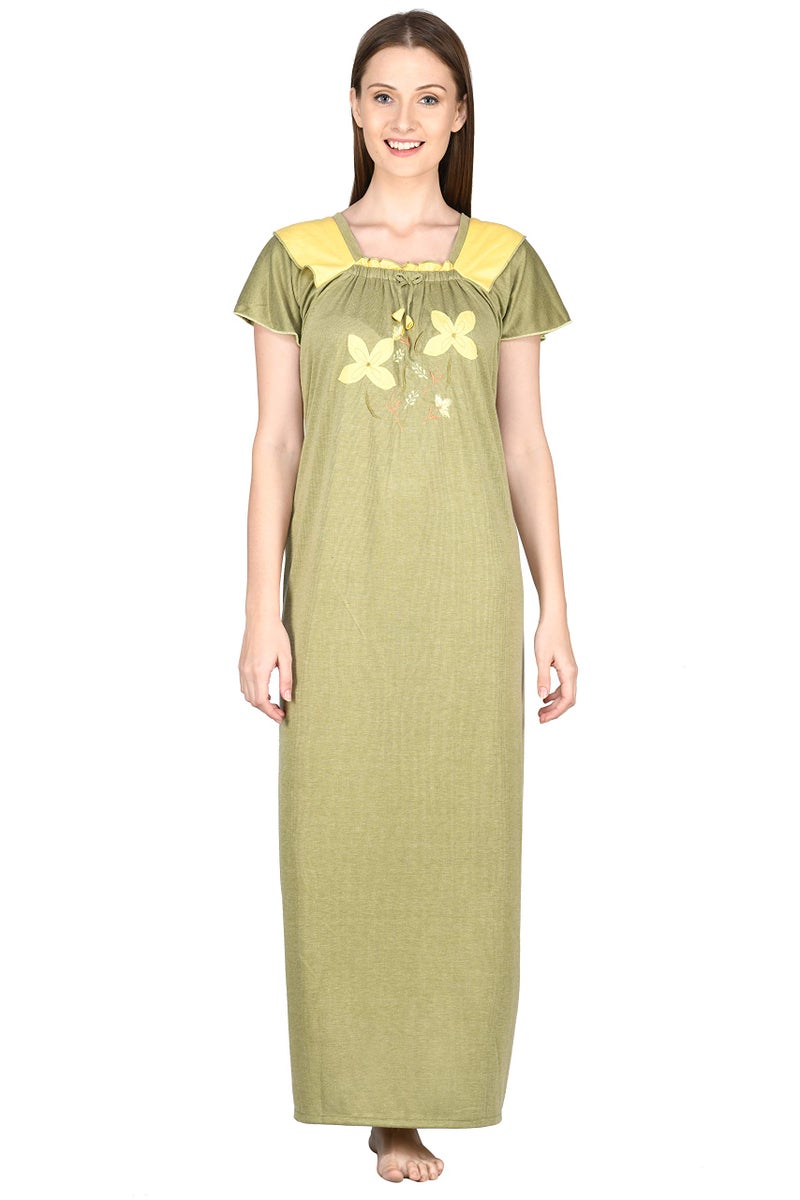 Noty Store Noty- Women's Hosiery Cotton Blend Nighty | Soft Fabric | Short Sleeves Nighty (Olive and Yellow, Free Size) - Image 1