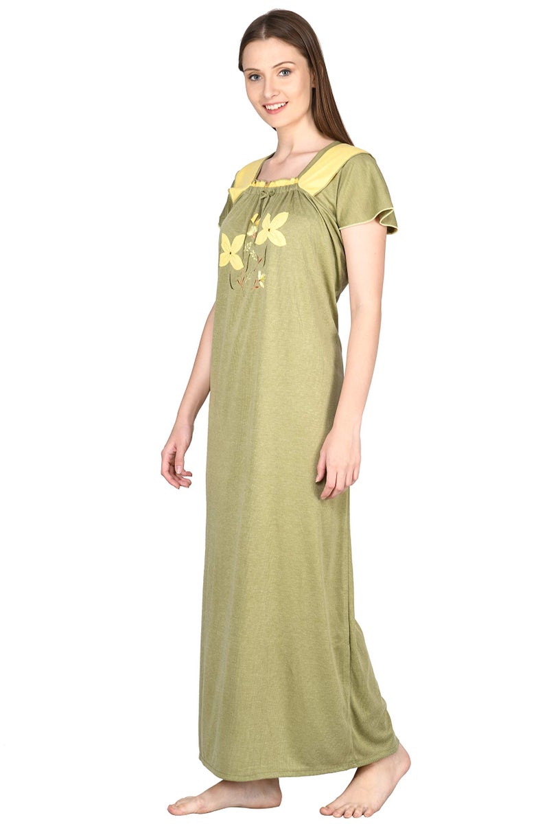 Noty Store Noty- Women's Hosiery Cotton Blend Nighty | Soft Fabric | Short Sleeves Nighty (Olive and Yellow, Free Size) - Image 3