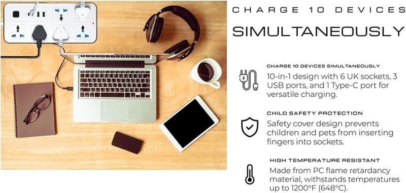 سبرينترز سوكت تمديد عالمي من | كابل طوله 2 متر | 6 منافذ تيار متردد | 3 منافذ USB | منفذ USB-C | منفذ بقابس بريطاني ذو 3 أطراف | شريط طاقة مزود بحماية ضد الصدمات الكهربائية، مناسب للاستخدام في المنزل والمكتب والأجهزة الإلكترونية (لون أبيض) - Image 2