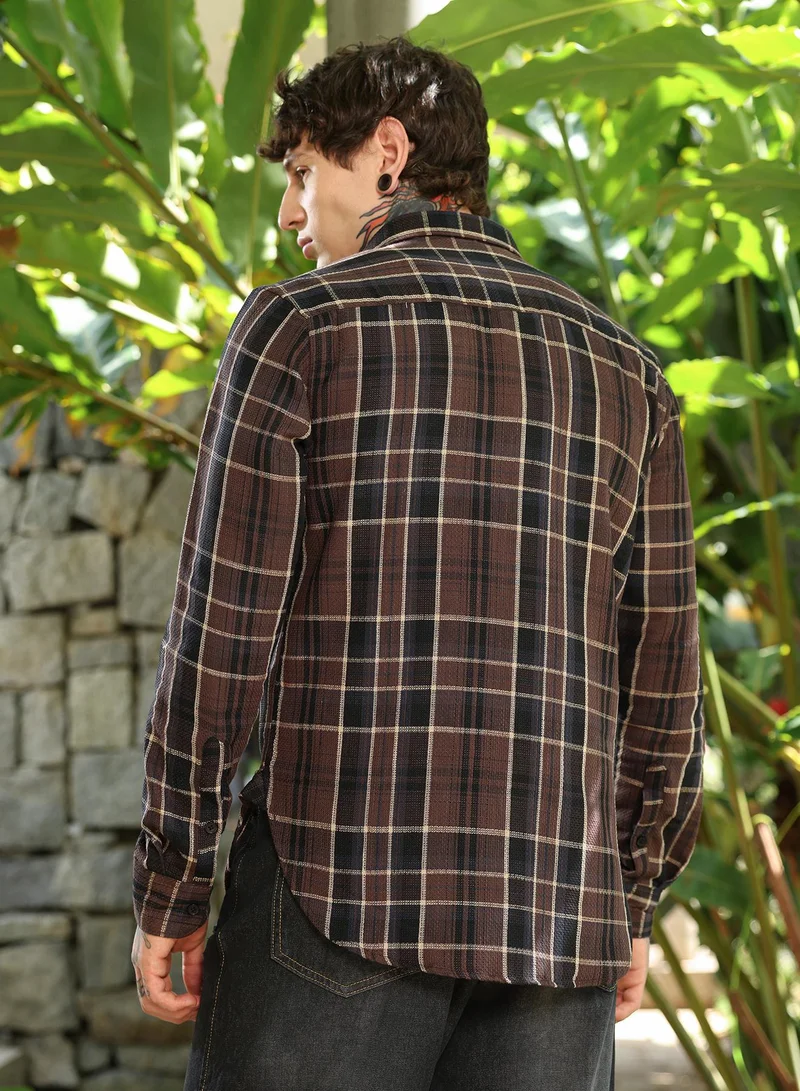 Campus Sutra Campus Sutra Men's Chocolate Brown Tartan-Plaid Regular Shirt | Slim Fit Full Sleeve Spread Collar Plaid Pattern | Cotton Blend & Breathable Woven Fabric For Casual & Street Wear