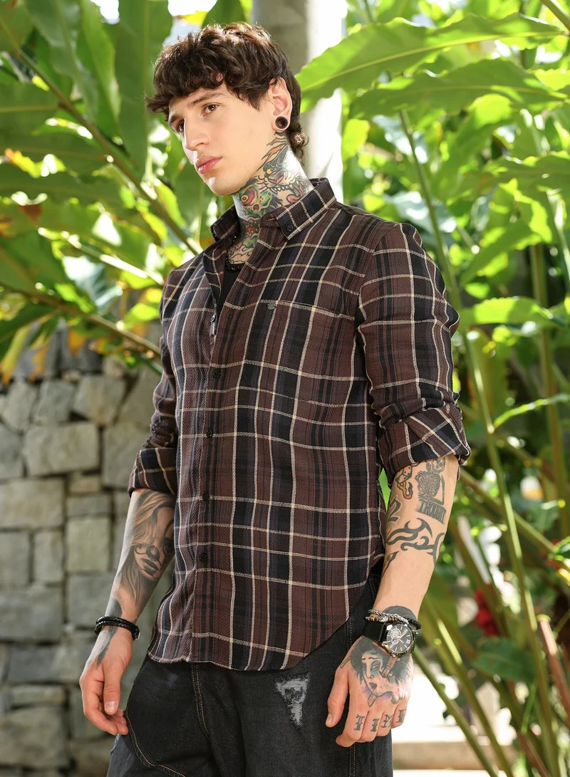 Campus Sutra Campus Sutra Men's Chocolate Brown Tartan-Plaid Regular Shirt | Slim Fit Full Sleeve Spread Collar Plaid Pattern | Cotton Blend & Breathable Woven Fabric For Casual & Street Wear