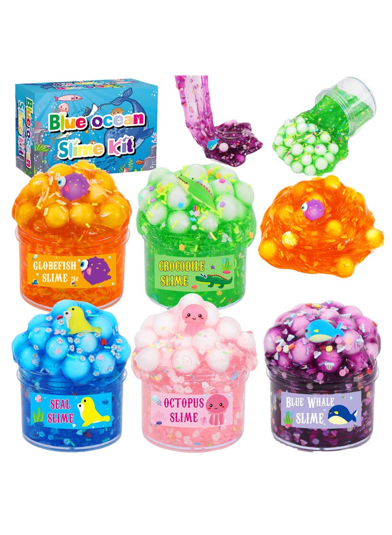 Crystal Clear Slime Kit 5 Pack, Blue Ocean Party Toy to Slime, Super Soft and Non-Sticky, Rich Colors Stress Relief Toy Birthday Gift Slime Party Favors for Girls and Boys - Image 1
