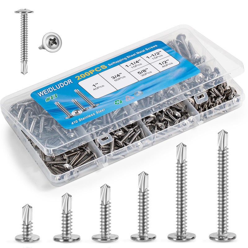 WEIDLUDOR 200PCS Sheet Metal Self-Drilling Screws Assortment Kit - #8 Truss Head Stainless Steel Self-Tapping Screws, 6 Sizes (1/2" to 1-1/2") for Sheet Metal, Auto & Roofing - Image 1